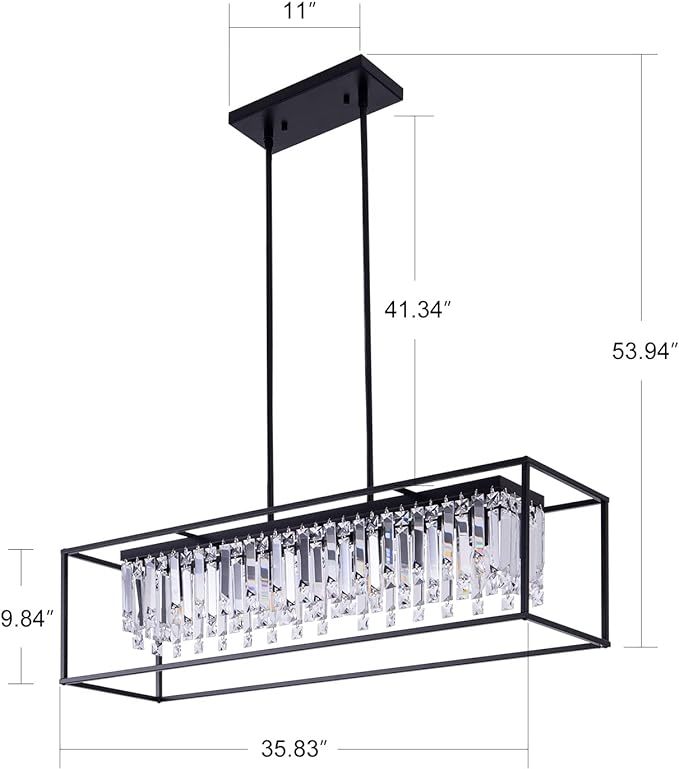 Farmhouse Chandelier for Kitchen Island Light with K9 Crystal, Black Rectangle Dining Room Lighting Fixtures Hanging