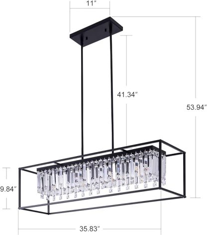 Farmhouse Chandelier for Kitchen Island Light with K9 Crystal, Black Rectangle Dining Room Lighting Fixtures Hanging