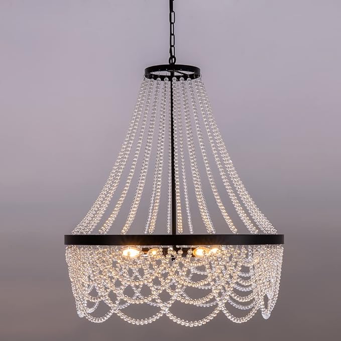 Black Beaded Chandelier 27inch, 4 Lights Modern Crystal Chandelier, Boho Light Fixture Ceiling for Bedroom Foyer Dining Room, French Empire Chandelier Lighting with Glear Glass Bead