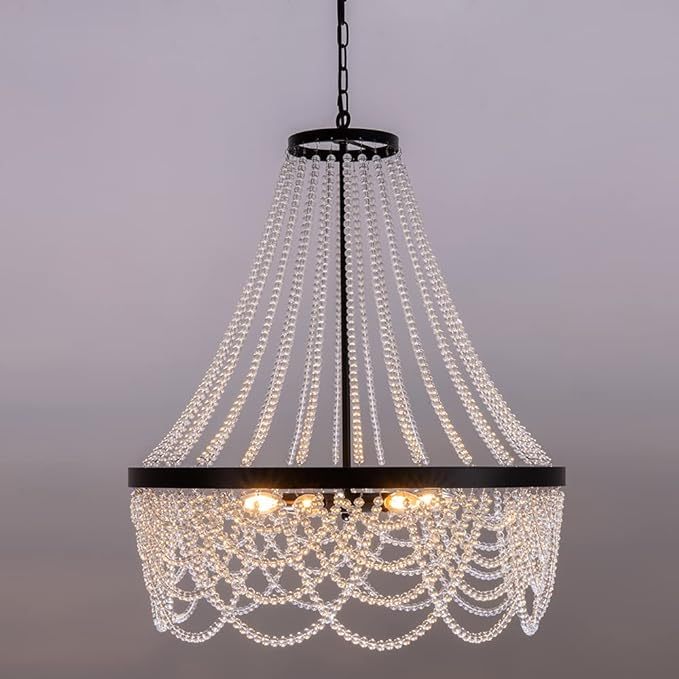Black Beaded Chandelier 27inch, 4 Lights Modern Crystal Chandelier, Boho Light Fixture Ceiling for Bedroom Foyer Dining Room, French Empire Chandelier Lighting with Glear Glass Bead