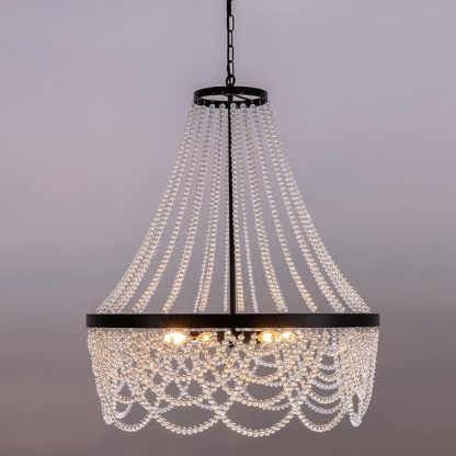 Black Beaded Chandelier 27inch, 4 Lights Modern Crystal Chandelier, Boho Light Fixture Ceiling for Bedroom Foyer Dining Room, French Empire Chandelier Lighting with Glear Glass Bead