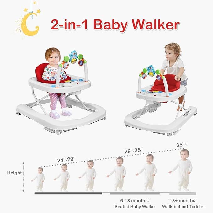 Baby Walker, Foldable Push Learning Walker Toy-Seated & Walk-Behind with Wheels