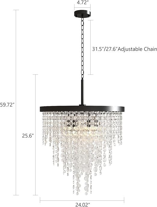 Black Crystal Chandelier 24 inch, 3-Tier Modern Round K9 Crystals Light Fixtures for Dining Room, Contemporary Pendant Light FixtureKitchen Island, Living Room, Bedroom,Foyer