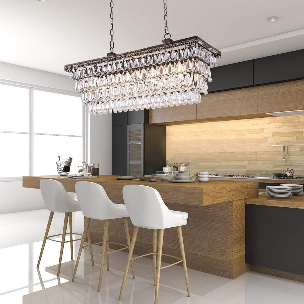 Dining Room Crystal Chandelier,30 inch Antique Bronze Rectangle Crystal Ceiling Light,4 Lights Farmhouse Kitchen Island Lighting
