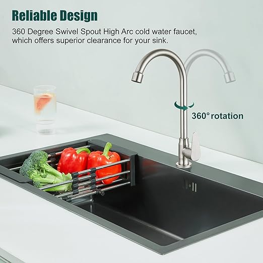 Brushed Nickel Kitchen Faucet Cold Water Only SUS304 Stainless Steel Deck Mounted Single Handle Single Hole High Arc 360 Degree Swivel Spout Bathroom Sink Tap Easy Install with Cold Water Supply Line