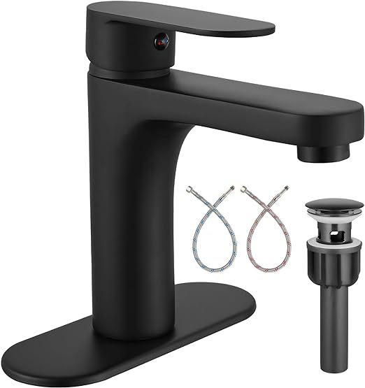 Matte Black Single Hole Bathroom Faucet,1 Handle Brass Bathroom Sink Faucets Basin Mixer Tap Deck Mount Lavatory Vanity Restroom Faucet Deck Plate Pop Up Drain Included