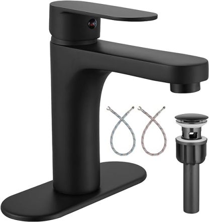 Matte Black Single Hole Bathroom Faucet,1 Handle Brass Bathroom Sink Faucets Basin Mixer Tap Deck Mount Lavatory Vanity Restroom Faucet Deck Plate Pop Up Drain Included
