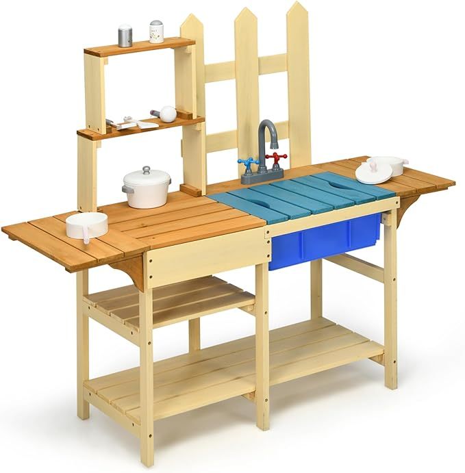 Indoor Outdoor Wooden Pretend Play Toy Kitchen with Removable Sink