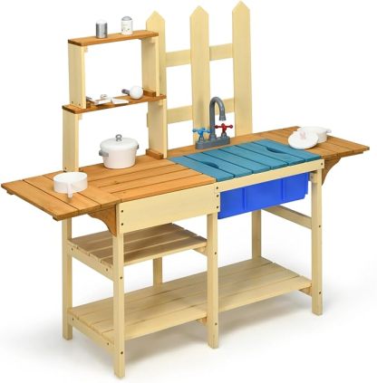 Indoor Outdoor Wooden Pretend Play Toy Kitchen with Removable Sink