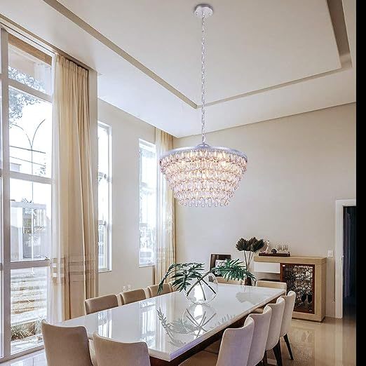 20 Inch Crystal Chandeliers, 6 Lights 5 Tiers Crystal Light, Adjustable Ceiling Pendant Lights, Modern Hanging Chandelier Lighting Fixture for Dining Room, Bedroom, Hallway, Bar, Kitchen, Bath