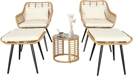 5 Piece Outdoor Bistro Set Patio Set Balcony Furniture Outdoor Furniture Rattan Chair Conversation Sets with Side Table for Porch, Backyard, Balcony (Beige, Set of 5)