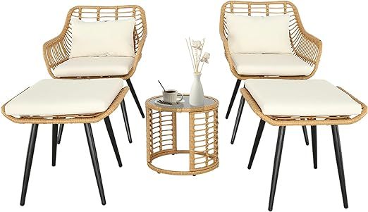 5 Piece Outdoor Bistro Set Patio Set Balcony Furniture Outdoor Furniture Rattan Chair Conversation Sets with Side Table for Porch, Backyard, Balcony (Beige, Set of 5)