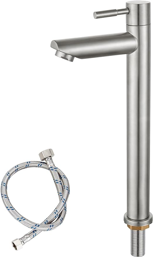 Brushed Nickel Bathroom Sink Faucet Cold Water Only Tall Body SUS304 Stainless Steel Straight Spout Single Handle One Hole Deck Mount Lavatory Faucet with Supply Water Hose(Drain Not Included)
