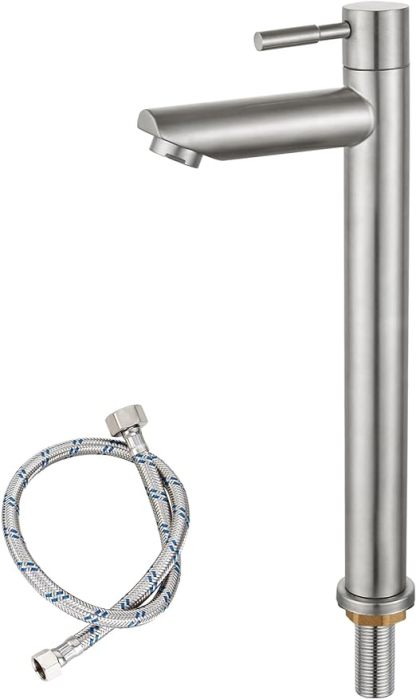 Brushed Nickel Bathroom Sink Faucet Cold Water Only Tall Body SUS304 Stainless Steel Straight Spout Single Handle One Hole Deck Mount Lavatory Faucet with Supply Water Hose(Drain Not Included)