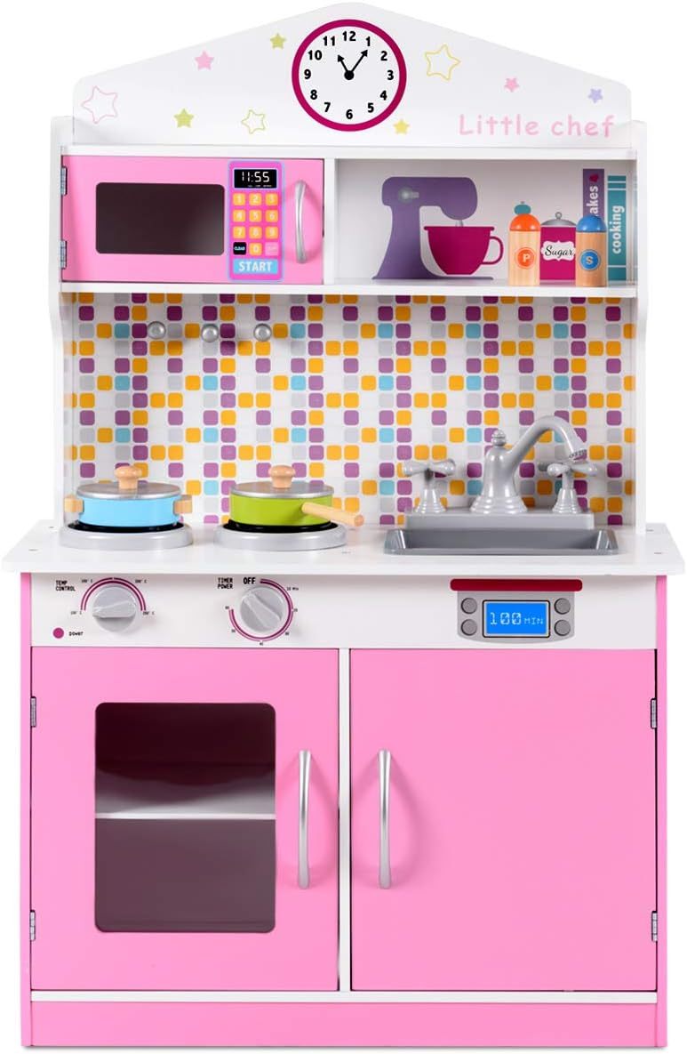 Pink Kids Kitchen Playset, Pretend Play Kitchen for Toddlers