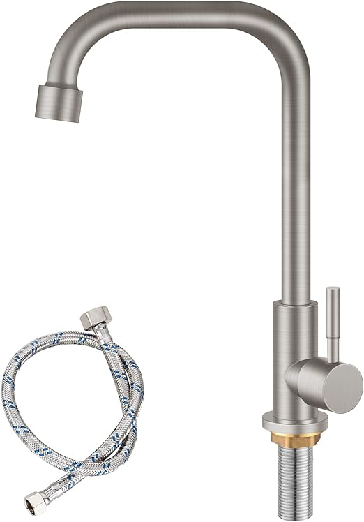 Cold Only Water Kitchen Faucet Brushed Nickel Heyalan Single Lever Handle 304 Stainless Steel Commercial Bar Tap Decked Mounted 360 Degree Swivel Spout Longer Thread Pipe