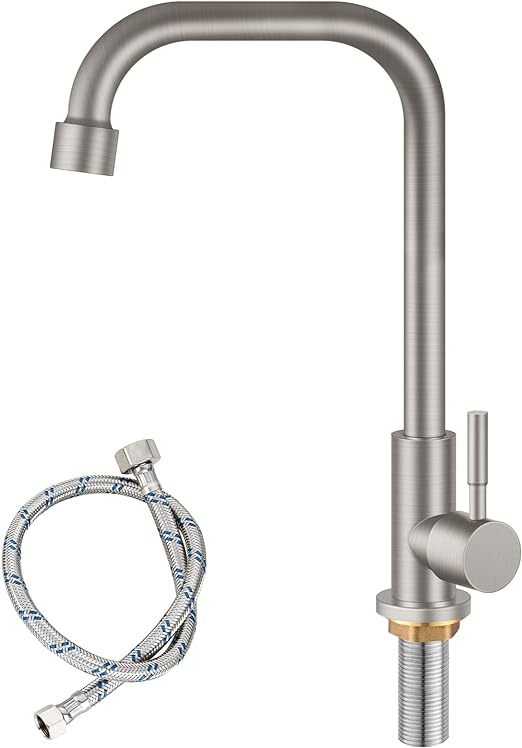 Cold Only Water Kitchen Faucet Brushed Nickel Heyalan Single Lever Handle 304 Stainless Steel Commercial Bar Tap Decked Mounted 360 Degree Swivel Spout Longer Thread Pipe