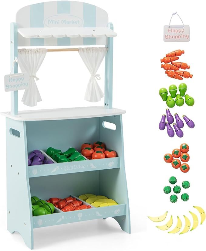 Pretend Play Wooden Toddler Fruit Stand w/36 Cutting Food Vegetable Accessories