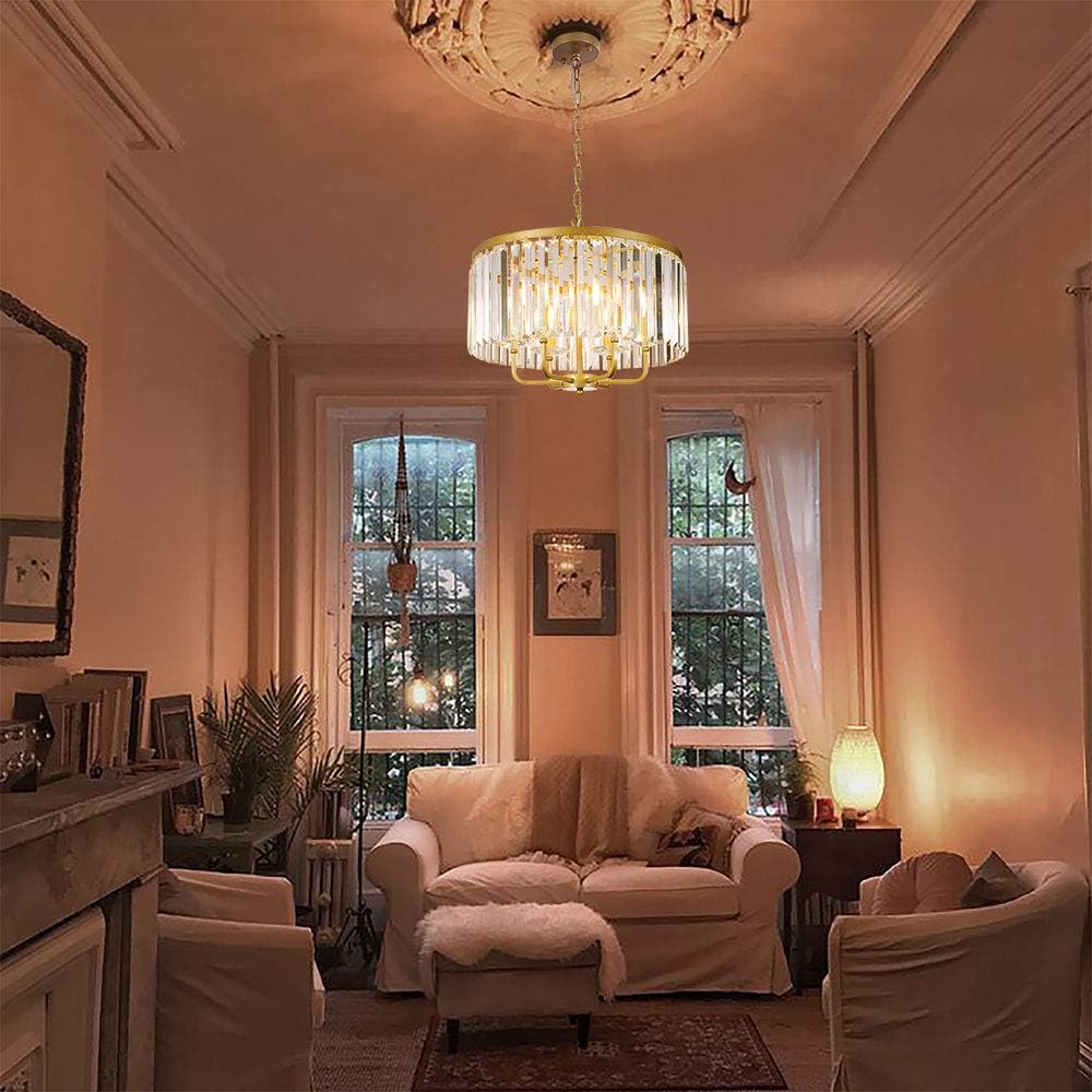 Gold Crystal Chandelier, 6 Lights Modern Gold Drum Chandelier Light Hanging Round Light Fixture for Dining Room, Living Room, Bedroom, Entryway, Kitchen, Foyer, 20'' W