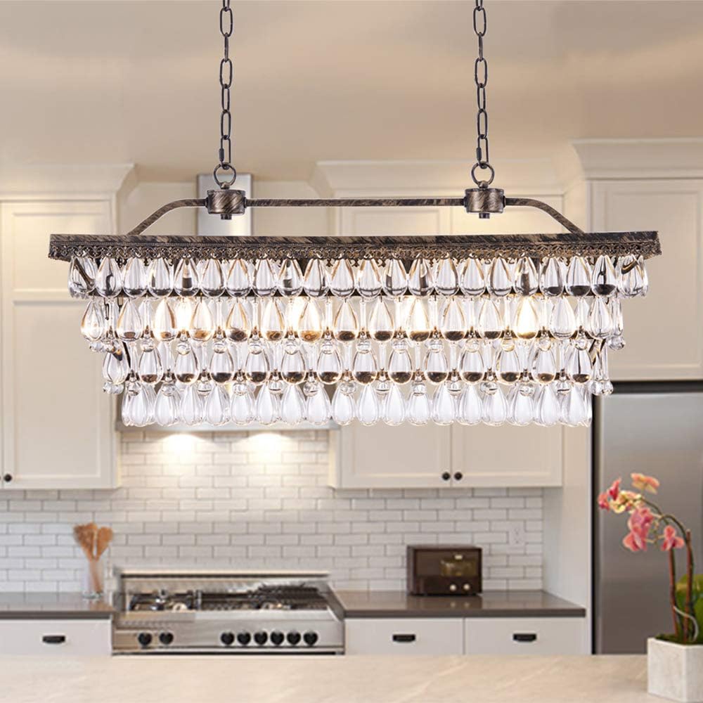 Dining Room Crystal Chandelier,30 inch Antique Bronze Rectangle Crystal Ceiling Light,4 Lights Farmhouse Kitchen Island Lighting