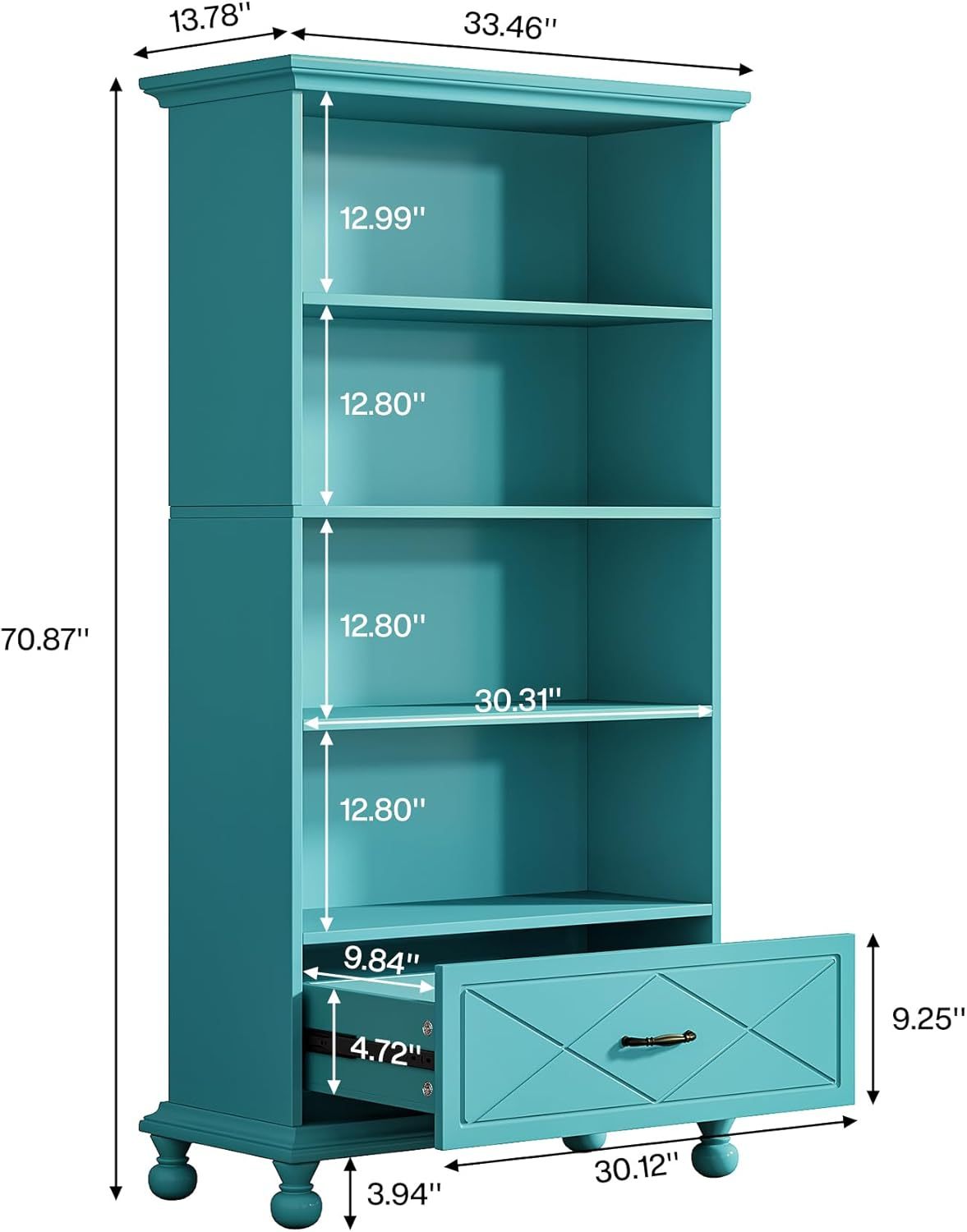 71 Inch Tall Floor Standing Bookshelf with Solid Wood Legs
