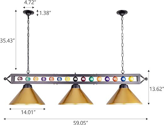 Pool Table Light,59”Billiards Lights for 7' 8' 9' Table, Hanging Over Pool Table Light with Gold Shade and Billiard Ball Decor