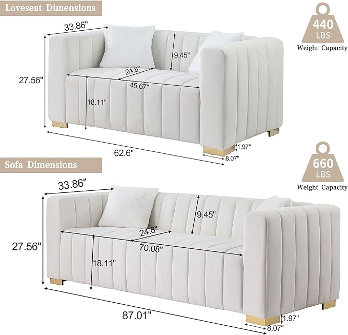 2 Piece Living Room Furniture Set, Including Loveseat and 3-Seater Sofa Couch