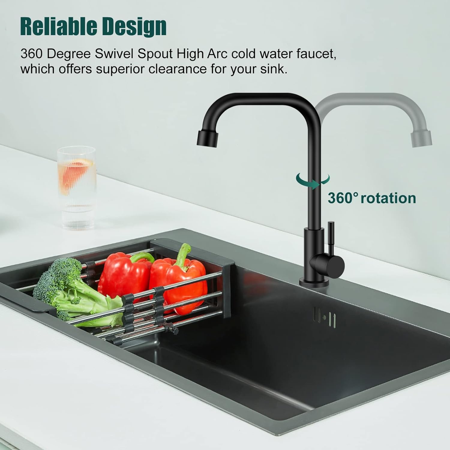 Matte Black Faucet Cold Water OnlySingle Lever Handle SUS304 Sink Bar Tap 360 Degree Swivel Spout Decked Mounted Longer Thread Pipe