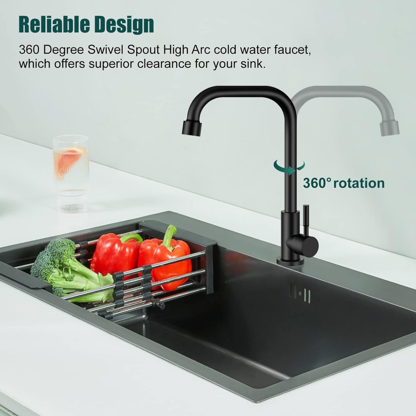 Matte Black Faucet Cold Water OnlySingle Lever Handle SUS304 Sink Bar Tap 360 Degree Swivel Spout Decked Mounted Longer Thread Pipe