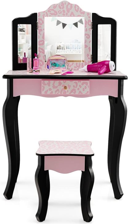 Kids Vanity, Princess Makeup Vanity Set for Little Girls, Real Glass Tri-Folding Mirror