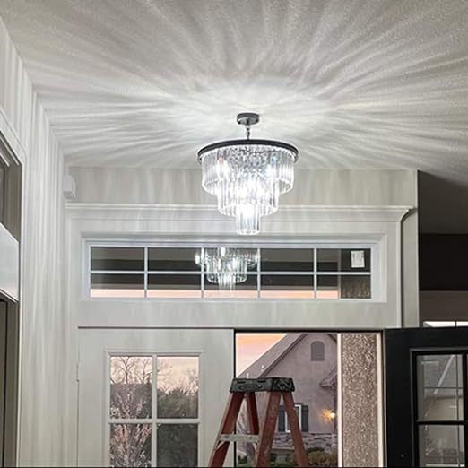 20 inch Black Crystal Chandelier, 3-Tier Contemporary Modern Bathroom Chandeliers, 7-Light Adjustable Hanging Round Ceiling Light for Bedroom, Entryway, Dining Room, Girls Room, Foyer