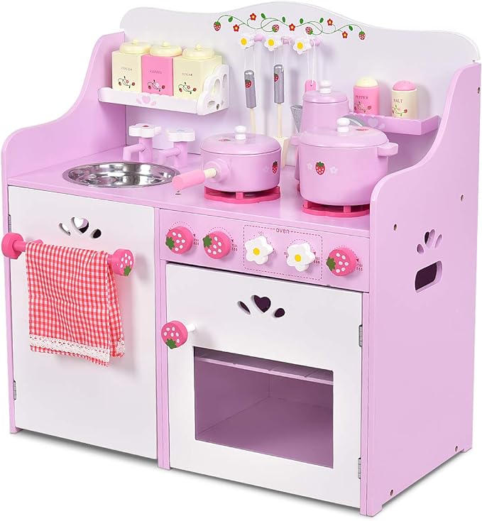 13 Pcs Cookware Utensils, Faucet, Stove, Storage Cabinet, Little Chef Toy Kitchen Set