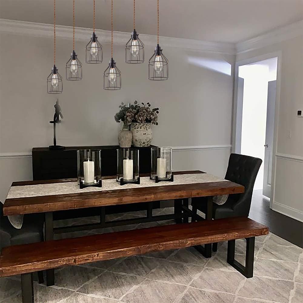6 Lights Pendant Light for Kitchen Island, Farmhouse Linear Wood Flush Mount Chandelier with Metal Shades