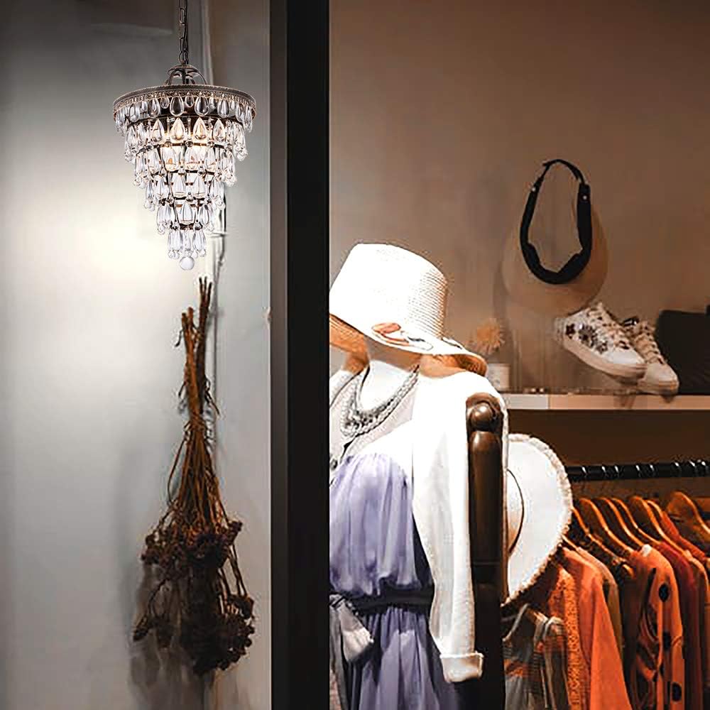 14 Inch Crystal Chandelier,Farmhouse Bronze Bathroom Chandeliers,4-Light Foyer Lighting Hanging Pendant Light Fixture for Bedroom Entryway Living Kids Room Corridor Closet