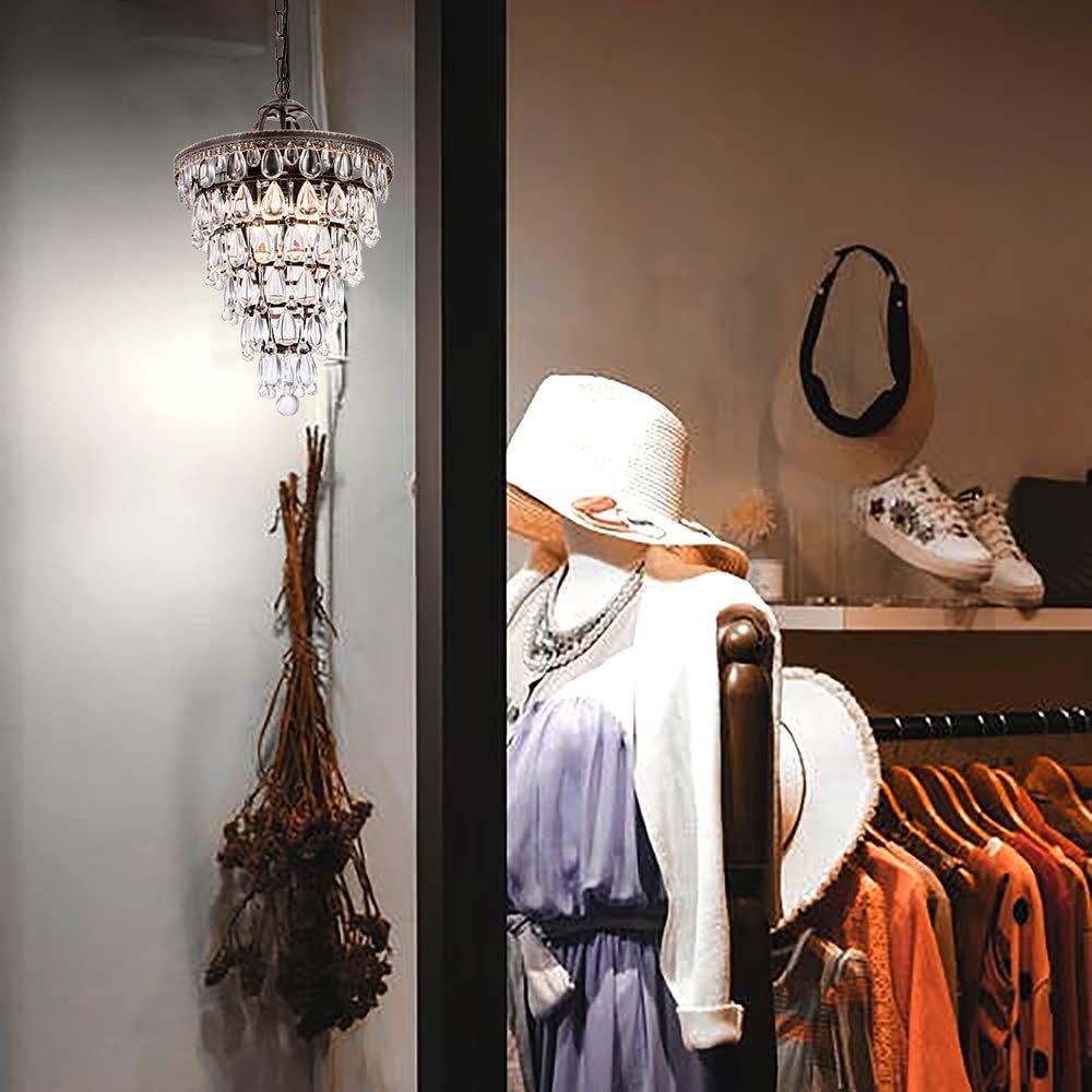 14 Inch Crystal Chandelier,Farmhouse Bronze Bathroom Chandeliers,4-Light Foyer Lighting Hanging Pendant Light Fixture for Bedroom Entryway Living Kids Room Corridor Closet