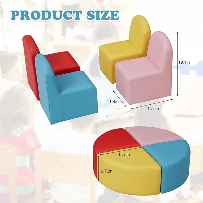 Kids Sofa Seating Set Convert to Table and 4 Chairs Colorful Stools