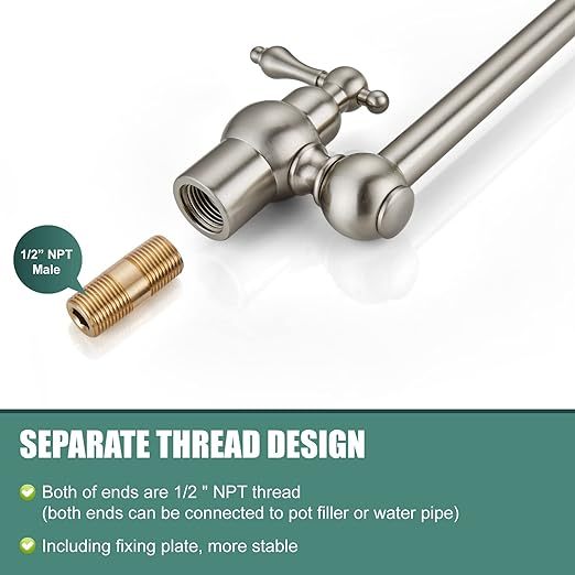 Restaurant Double Handles Pot Filler Brushed Nickel Kitchen Folding Faucet with 360 Degrees Swing Arm Classical Heyalan Single Hole SUS304 Stainless Steel Wall Mount Dual Joints