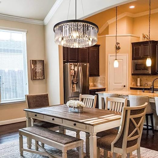 Modern Crystal Chandelier for Dining Room, 6 Lights Black Farmhouse Crystal Pendant Light, Vintage Ceiling Lighting Fixture for Kitchen Island, Living Room, Bedroom, Hallway, Foyer, W-21.65”