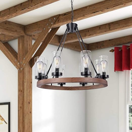 8-Light Farmhouse Chandeliers for Dining Room, 30 inch Rustic Wagon Wheel Chandelier with Seeded Glass Shade, Antique Vintage Round Wood-Painted Hanging Lighting Kitchen Island Living Room