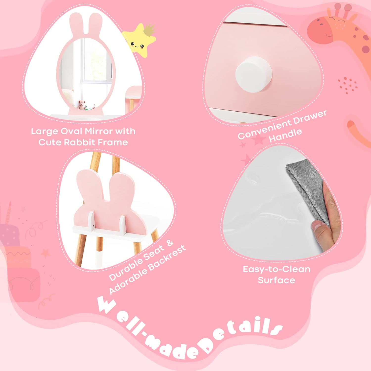 Rabbit Themed Toddler Wooden Makeup Table and Chair Set