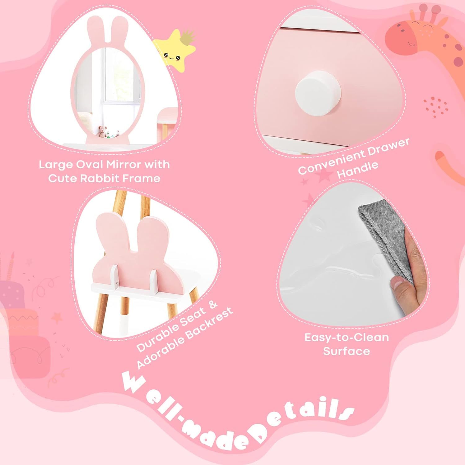 Rabbit Themed Toddler Wooden Makeup Table and Chair Set