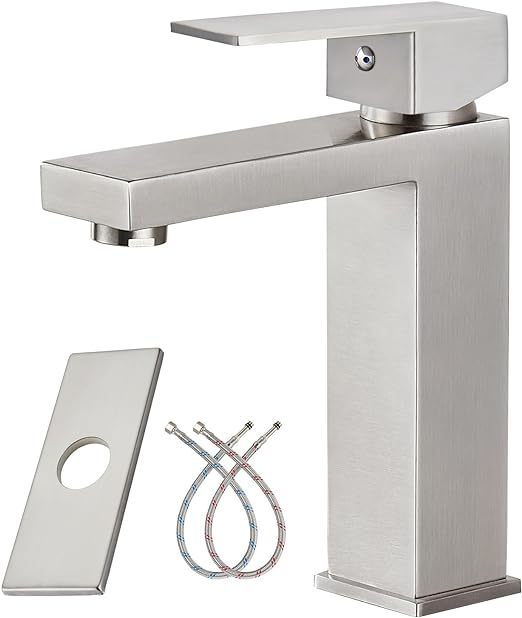 Brushed Nickel SUS304 Stainless Steel Bathroom Faucet Single Handle 1 Hole Basin Mixer Tap Deck Mount Vessel Sink Faucets Lavatory Vanity Bathroom Faucets for Sink 1 Hole（Drain Not Included）