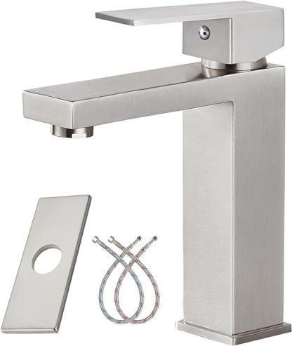 Brushed Nickel SUS304 Stainless Steel Bathroom Faucet Single Handle 1 Hole Basin Mixer Tap Deck Mount Vessel Sink Faucets Lavatory Vanity Bathroom Faucets for Sink 1 Hole（Drain Not Included）