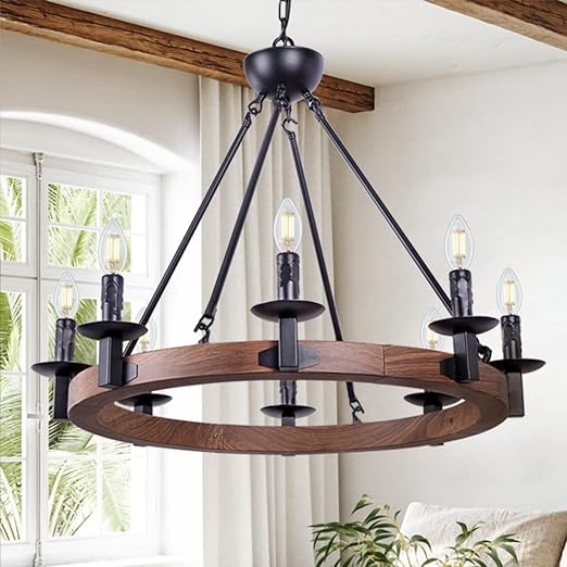 8 Lights Farmhouse Iron Chandeliers for Dining Rooms 28 inch, Wagon Wheel Chandelier Candle Style, Rustic Hanging Ceiling Light Fixture