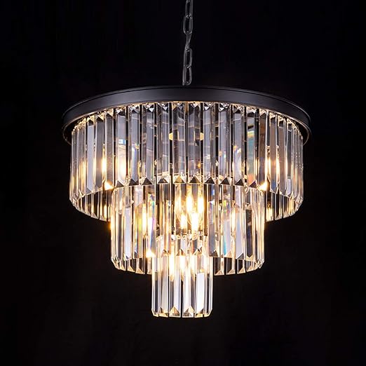 20 inch Black Crystal Chandelier, 3-Tier Contemporary Modern Bathroom Chandeliers, 7-Light Adjustable Hanging Round Ceiling Light for Bedroom, Entryway, Dining Room, Girls Room, Foyer