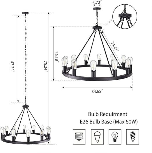 Farmhouse Black Chandelier,12 Lights Wagon Wheel Large Chandeliers for Kitchen Island,Hanging Modern Farmhouse Pendant Ceiling Lighting