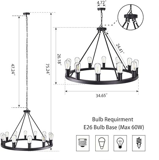 Farmhouse Black Chandelier,12 Lights Wagon Wheel Large Chandeliers for Kitchen Island,Hanging Modern Farmhouse Pendant Ceiling Lighting