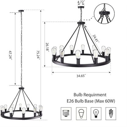 Farmhouse Black Chandelier,12 Lights Wagon Wheel Large Chandeliers for Kitchen Island,Hanging Modern Farmhouse Pendant Ceiling Lighting