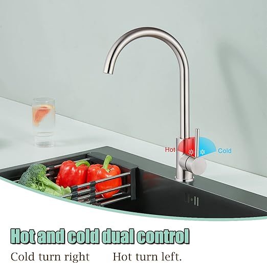 Brushed Nickel Kitchen Faucet Cold and Hot Water Single Hole 360 Degree Swivel Spout Deck Mount High Arc SUS304 Sink Bar Tap Goose Neck