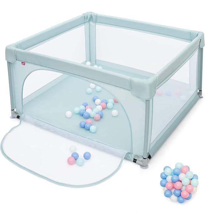 Extra Large Baby Gate Playpen w/ 50 Ocean Balls, No Gaps Infant Safety Gates with Breathable Mesh